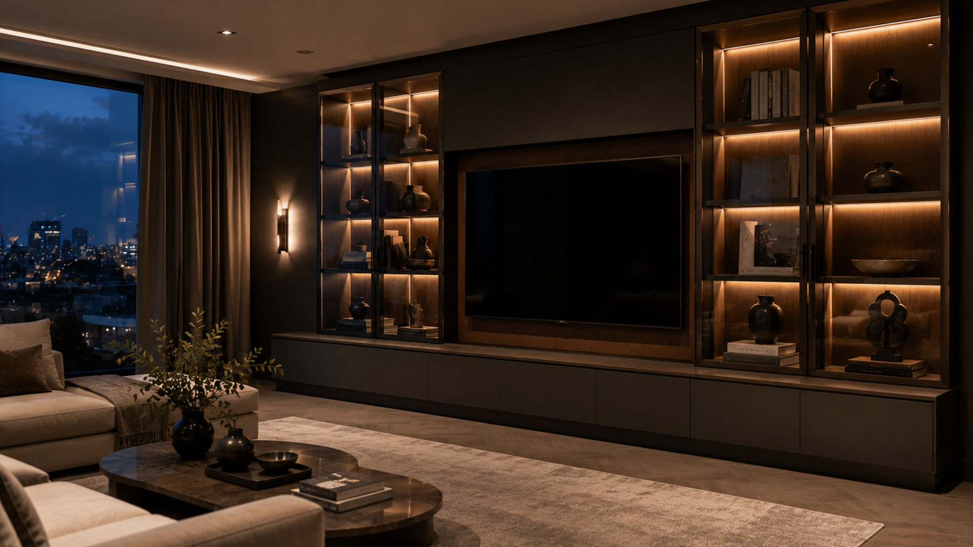 West London Cabinetry - Bespoke TV wall units in London - Glass, metal and illuminated details